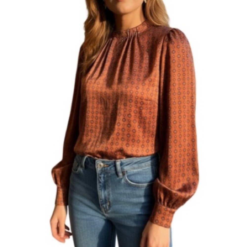 🐅EVC🐅 Vintage Pleat Collar Necktie Print Blouse in Copper, Size Medium